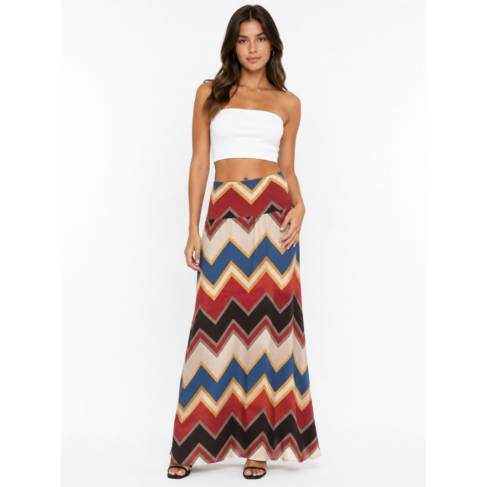 A'GACI Womens Chevron Zig Zag Maxi Skirt Red Blue Tan High Waist Size S USA